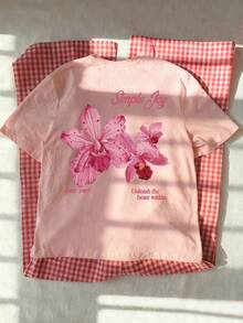 Playera Casual de Mujer, Cuello Redondo, Mangas Cortas, T-shirt Estampada de Flor Hawaiana, Femenina - Rosa - Ver 2