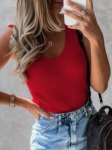 Acelitt Áo tank top nữ màu trơn, không tay, cổ chữ V, chất liệu len, kiểu dáng hở lưng thời trang, màu đỏ mùa hè. - Đỏ - Xem 3