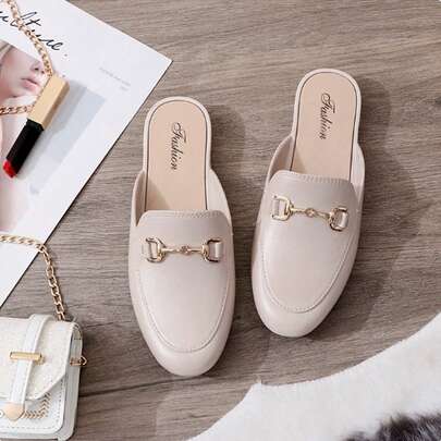 2025 Autumn/Winter New Square Heel Open Toe Backless Slip-On Shoes, Small Metal Buckle, British Style Versatile Lightweight Soft Women Flat Mules, Indoor Outdoor Casual Comfortable Loafers, Suitable For Commuting, Shopping, Party, Wedding And Formal Occasions (Run Small)