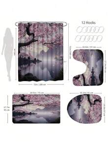 Sakura Lake Scenery Shower Curtain Set - Featuring A Beautiful Design With Waterfront And Cherry Blossom Trees, Includes Shower Curtain, Bath Mat, Toilet Seat Cover, And Non-Slip Bathroom Mat, Adding A Romantic And Natural Ambiance To Your Bathroom. - A - View 4