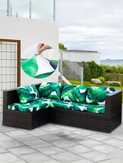 1pc Outdoor Green Leaf Print Sofa Seat Cushion Cover, Elastic Half-Wrapped Sofa Seat Cushion Cover, Suitable For Patio Sofa Cushion