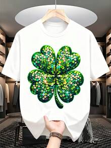Shamrock Sequin Graphic Oversized Top St Patrick's Day Celebration Wear, It Is A Perfect T-Shirt To Give To Friends And Family On Any Holiday Or Festive Occasion, 220g - 白色 - 查看 2