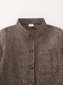 Young Boy Solid Color Stand Collar Long Sleeve Single-Breasted Casual Shirt, Autumn/Spring - Brown - View 3