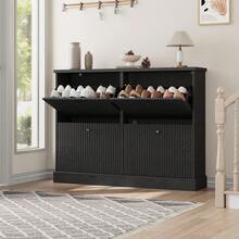 Space-Saving Shoe Cabinet Organizer With 4 Flip-Down Drawers & Adjustable Shelves, Narrow Freestanding Wooden Storage For Entryway Hallway - màu đen - Xem 1