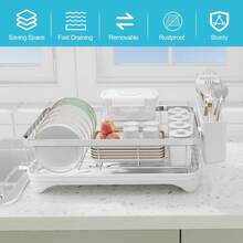 Dish Drying Rack With Drainage Tray, Stainless Steel Kitchen Organizer For Efficient Storage Of Plates, Bowls, Glasses And Utensils Sturdy Dish Racks For Kitchen Counter With Drain Board And Utensil Holders - 白色 - 查看 2