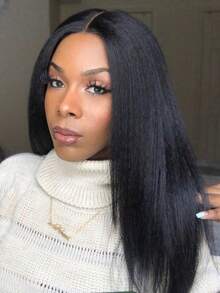 Kinky Straight Wigs For Black Women Middle Part Black Wig Glueless Synthetic Wigs High Quality 18inch Yaki Straight Wigs Yaki Straight Wigs For Women Cheap Wigs On Daily Use Cosplay - Black - View 9