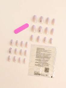 24 件短款棺材形裸色和乳白色渐变水钻装饰指甲贴，含 1 件指甲抛光垫和 1 件凝胶指甲油，按压式指甲，美甲用品，美甲 - 彩色 - 查看 3