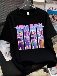 Esta camiseta de manga curta para meninas apresenta um design folgado, com estampas vibrantes e elementos decorativos de um grupo de amigas em estilo cartoon. É uma peça ideal para o dia a dia e para atividades escolares. Confortável e agradável ao toque, com um estilo cartoon colorido e personalizado, é moderna e versátil, ajudando você a criar um look estiloso e descolado para o dia a dia. - Preto - Ver 1