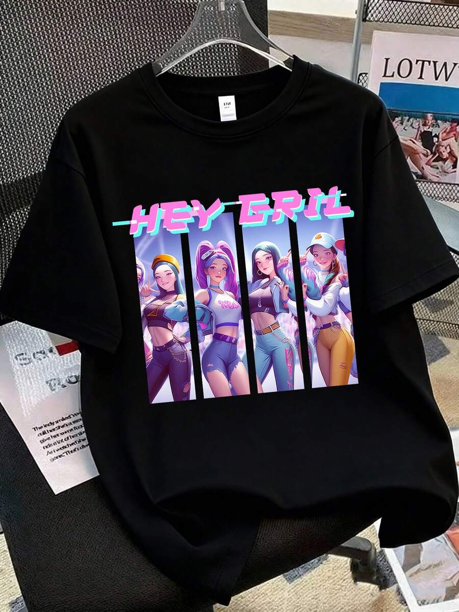 Esta camiseta de manga curta para meninas apresenta um design folgado, com estampas vibrantes e elementos decorativos de um grupo de amigas em estilo cartoon. É uma peça ideal para o dia a dia e para atividades escolares. Confortável e agradável ao toque, com um estilo cartoon colorido e personalizado, é moderna e versátil, ajudando você a criar um look estiloso e descolado para o dia a dia. - Preto - Ver 1