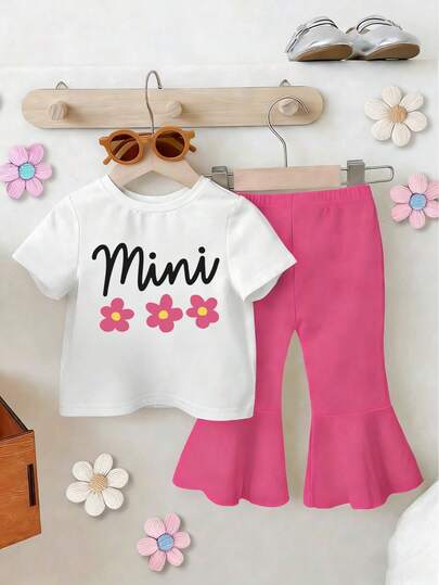 Ensemble t-shirt à manches courtes et pantalon évasé à imprimé floral pour bébé fille
