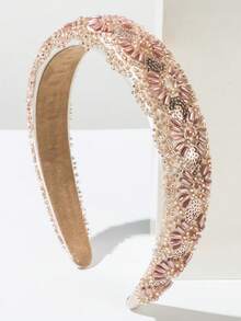 1件装布艺海绵垫发箍，时尚手工亮片和花朵装饰，百搭优雅发饰，适合女士和女孩参加派对和活动，发箍，发圈头饰 - 咖啡 - 查看 4