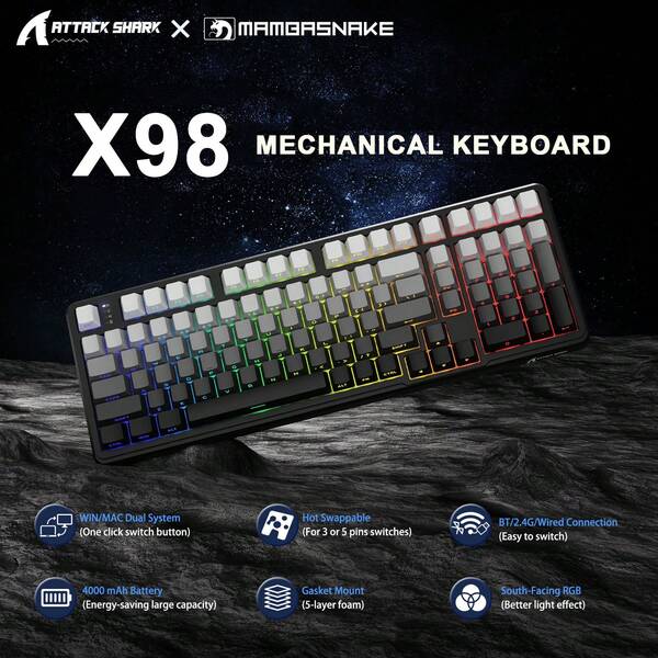 ATTACK SHARK X98 102-Key Tri-Mode Keyboard | Gasket Mount Hot-Swappable | RGB PBT Keycaps 4000mAh