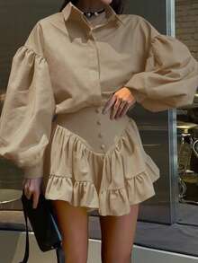 Women's Elegant Ruffle Hem Mini Skirt 2 Pieces Set, Solid Color, Elegant Spring - Khaki - View 4
