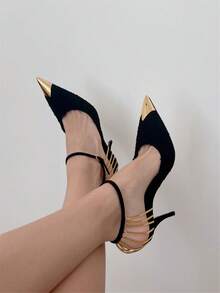 女士时尚尖头优雅套脚软底防滑黑色织物搭扣细高跟鞋 - 黑色 - 查看 4