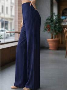 Pantalón Pinzas al Frente y Pierna Amplia.  Tela Stretch. - Azul marino Rayas - Ver 3