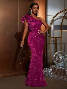 Faeriesty Elegant Sequin Embellished Dress With Ruffle Hem And High Slit, Shimmering Fishtail Silhouette, Suitable For Party, Evening, Wedding Guest, Gala Vacation Spring - Hot Pink - View 5