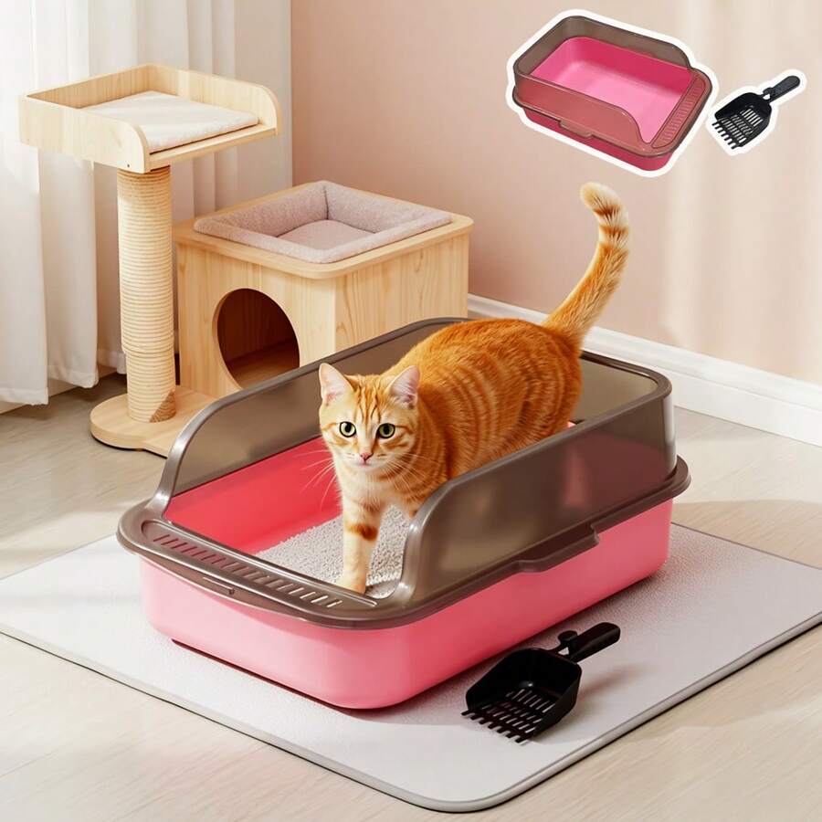 半开放式大容量猫砂盆，带铲子和垫子 | 高边防带出设计，不粘底盘，易于清洁 | 坚固耐用 | 宽敞的宠物厕所用品，适合各种体型的猫咪，单猫和多猫家庭的理想之选 - 粉紅的 - 查看 1