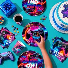 111pcs Video Game Birthday Decorations Tableware Set Serves 16 Guests, Gamer Birthday Party Decorations Include Banner, Plates And Tablecloth, Cake Topper,For Gaming Party Supplies - 彩色 - 查看 3