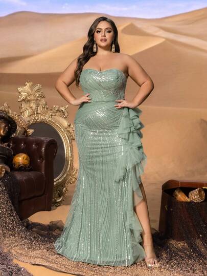 Faeriesty Vestido de noche de sirena sin tirantes para mujer de talla grande - Silueta ajustada, volantes con volantes, espalda con lazo, falda con capas transparentes, adecuado para fiestas, galas de lujo en el desierto y cenas formales de boda elegantes