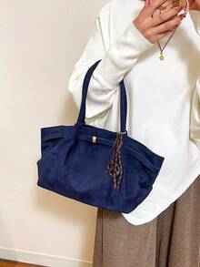 Dedoo 1 chiếc túi xách tay giả da lộn (kèm phụ kiện), dung tích lớn, màu trơn, kiểu dáng thanh lịch dành cho nữ, túi công sở phong cách retro phù hợp cho nữ sinh, phụ nữ, sinh viên và người đi làm. - Xanh đậm - Xem 6