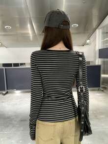 Contrast Striped Button Collar Slim Fit Versatile Long Sleeve T-Shirt Top For Women Casual - Grey Stripes - View 12