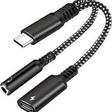 Cáp sạc nhanh bện hỗn hợp 2 trong 1, bộ chuyển đổi USB-C sang giắc cắm tai nghe 3.5mm, cáp sạc + bộ chia âm thanh, tương thích với iPhone 17 Pro Max/17 Pro/17 Plus/17/16/15, S25/S24/S23/S22/S21 Ultra Plus, quà tặng mùa xuân. - màu đen - Xem 9