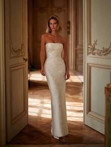 Detachable Luxe Strapless Square Neck Embellished Lace & Satin Ballgown Wedding Dress With Detachable Train, Wedding Dresses For Bride, Elegant And Comfortable, Includes Plus Sizes, Bridal Gown, Formal Dresses For Women, Suitable For Wedding, Party, Vacation, Bride, Formal Occasions, Dinner Dress, Prom Dress, After-Party Dress, Homecoming Dress, Cocktail Party, Birthday Party, Celebration, Gala, Festival, Ceremony - 白色 - 查看 2