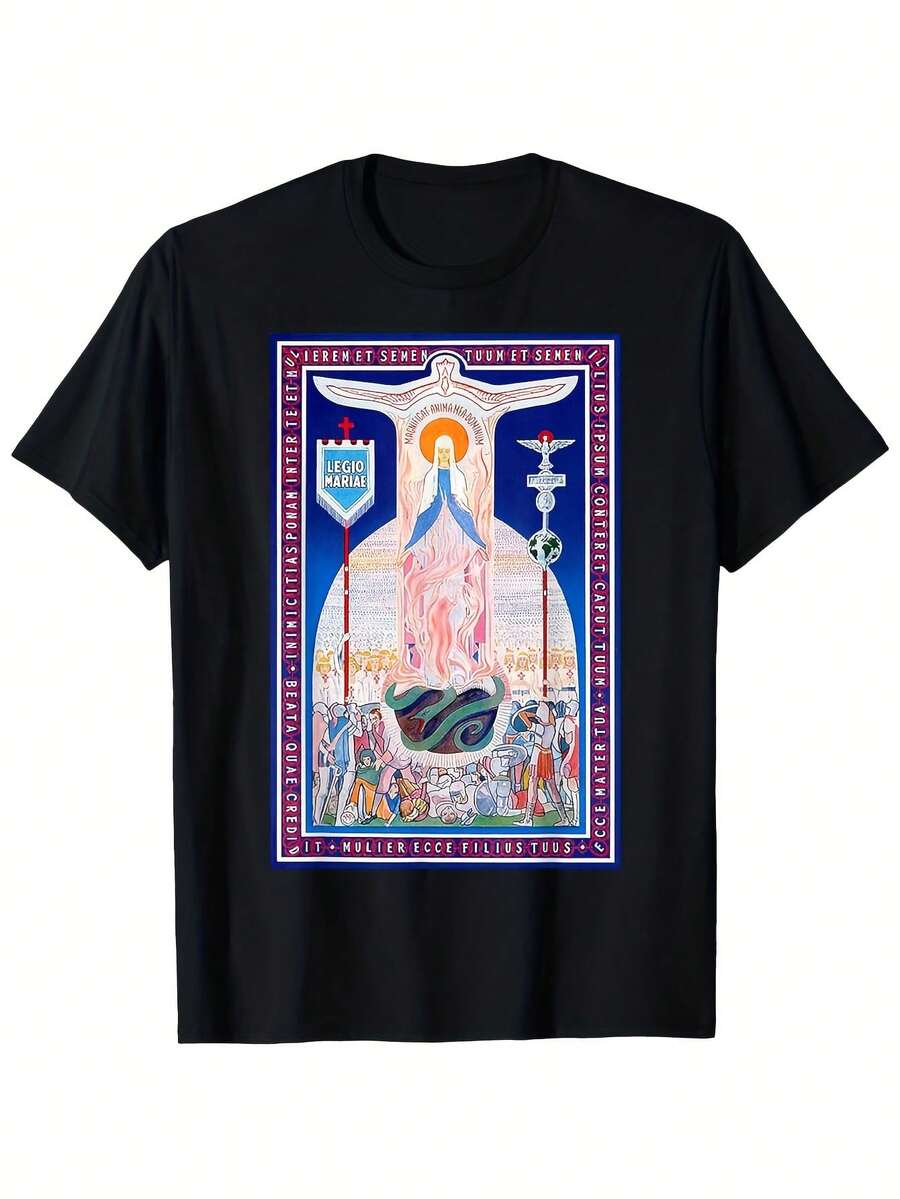 Camiseta gráfica religiosa de la Legión de María para hombre - Camiseta vintage negra con cuello redondo de peso pesado para uso diario y eventos formales en la iglesia - Camiseta cristiana para todas las estaciones, top con estampado vibrante, C - Negro 19 - Ver 1