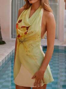 Women Floral Print Halter Backless Sleeveless Mini Dress, Resort Dresses For Women,Vacation Outfits ,Sexy Outfits For Women,,Bohemian Clothes Vacation Dress,Suitable For Going Out, Concert, Party, Club Outfits, Date, Night Out,Vacation ,Beach Outfits,Garden Wedding Guest Dress, Elegant Dress For Women,Valentine's Day,For Autumn And Winter,Sexy Elegant Party,Graduation,Prom,Luxury Evening, National Day, New Year Clothes, Going Out Outfit, - 淡黃色 - 查看 6