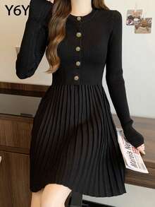 [Y6Y] Women's Black Elegant High-Quality Knit Crew Neck Short Dress - Black - View 3