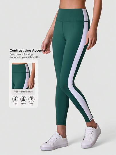 Sodalemon Women Fitness Running Contrast Color Gym Pants Outdoor Casual Elastic Waist Color Block Hip Lift Training Tights Workout Athletic Sport Yoga Legging