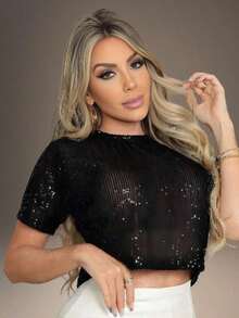 Women's Sequined Short-Sleeve Cropped Blouse For Parties, Nights Out, Carnival, New Year's Eve - 黑色 - 查看 3