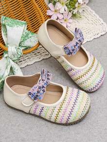 1 Pair Kids Flat Shoes, 2026 New Spring Girls Knitted Soft Bottom Hook And Loop Casual Performance Fashion Shoes, Girls Bowknot Fashionable Shoes - Beige - View 5