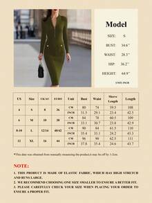 Autumn/Winter Women's Elegant Casual Knit Dress, Solid Color Slim Fit Flattering, Half-Zip Front, With Pockets, Fashionable Daily Commute Versatile Elegant Dress, Old Money Style, Women's Streetwear - Olive Green - View 5