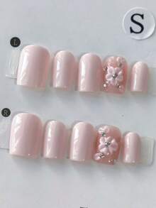 10片粉色花朵Y2K方形短款简约优雅手工按压式美甲贴片，适合女孩日常佩戴美甲用品 - 淺粉色 - 查看 3