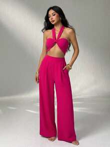 Set top convertible y pantalón mujer elegante dos piezas versátil cómodo moderno fresco corte alto un top dos maneras de usarlo primaveraverano - Rosa Fucsia - Ver 7