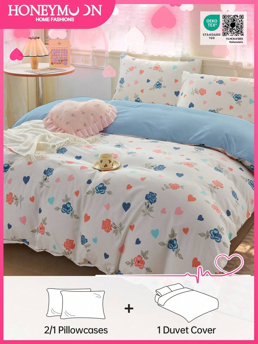 情人节玫瑰爱心印花被套套装（2/3件），包含1件被套和1/2件枕套（不含被芯），柔软透气，时尚卧室/宿舍必备，可机洗，通过Oeko-Tex认证 - 彩色 - 查看 1