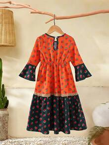 Đầm hoa nhí tay raglan cổ tròn cho bé gái, thích hợp mặc mùa hè. - trái cam - Xem 3
