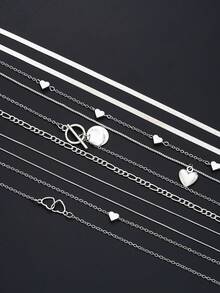 13pcs/12pcs/9pcs/3pcs Fashion Minimalist Silver Butterfly & Heart Faux Pearl Multi-Layer Necklace Set, Women Birthday Vacation Party Gifts, Match With Daily Outfits And Party Accessories - Silver - View 10