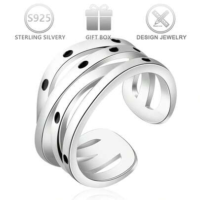 1 pezzo Anello aperto in argento sterling 925 minimalista a più strati con design geometrico, adatto per uso quotidiano, casual, vacanze, regalo per le feste