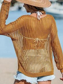 Top d'été en maille ajourée pour femmes grande taille - Marron fonçé - Voir 2