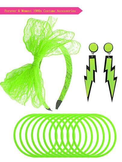 3Pcs D EXCEED 80s Costume Accessories For Women Lace Headband Neon Earrings Silicone Bracelets Retro 80s Theme Party Outfit