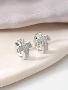 1对金色半镶锆石方形耳环，女士日常佩戴饰品 - 幾何耳環 - 查看 4