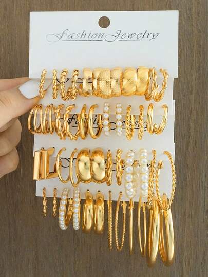 48/24/12件套优雅金属耳环套装，女士款，仿珍珠耳环，几何C形耳钉，适合日常佩戴、派对、节日，礼品套装