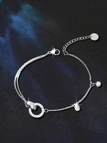 1pc S925 Sterling Silver Roman Numeral Double Ring Bracelet, Women's Delicate Chic Rhinestone Inlaid Bracelet, Unique Gift - Geometry - View 6