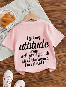 女童休闲印花圆领短袖T恤，夏季上衣 - 粉色 - 查看 4