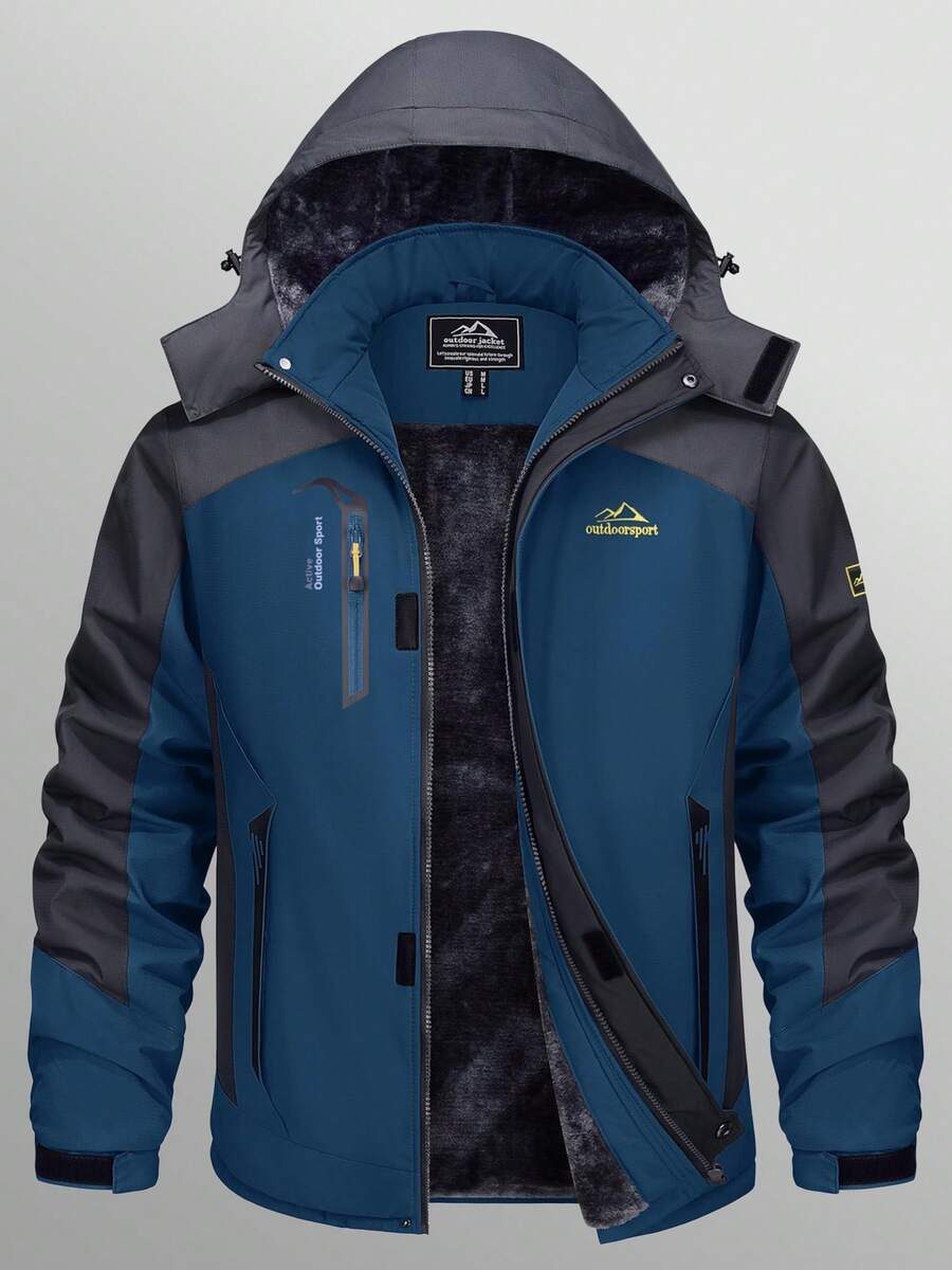 KEFITEVD 冬季夹克男式防水羊毛夹克雪地滑雪夹克军用战术夹克外套派克大衣连帽雨衣滑雪服 - 牛仔藍 - 查看 1