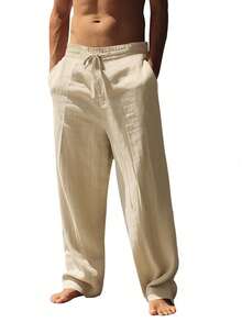 Lightweight And Breathable Men's Trousers In A Solid Color, With Pockets, Offering A Relaxed Fit For Comfortable Wear At The Beach During The Spring And Summer Seasons. - Khaki - View 3