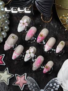 10 Peças Unhas Postiças Amendoa, Base Nude, Ponta Francesa, Branco Rosa, Degradê, Flor 3D, Gota d'Água, Estrela Dourada, Pérola, Conjunto de Unhas Postiças Japonesas de Cobertura Total com Encantos, Suprimentos de Unhas para Mulheres e Meninas, para Festa, Uso Diário, Casamento, Suprimentos de Unhas Doces Feitas à Mão - Rosa Bebê - Visão 1