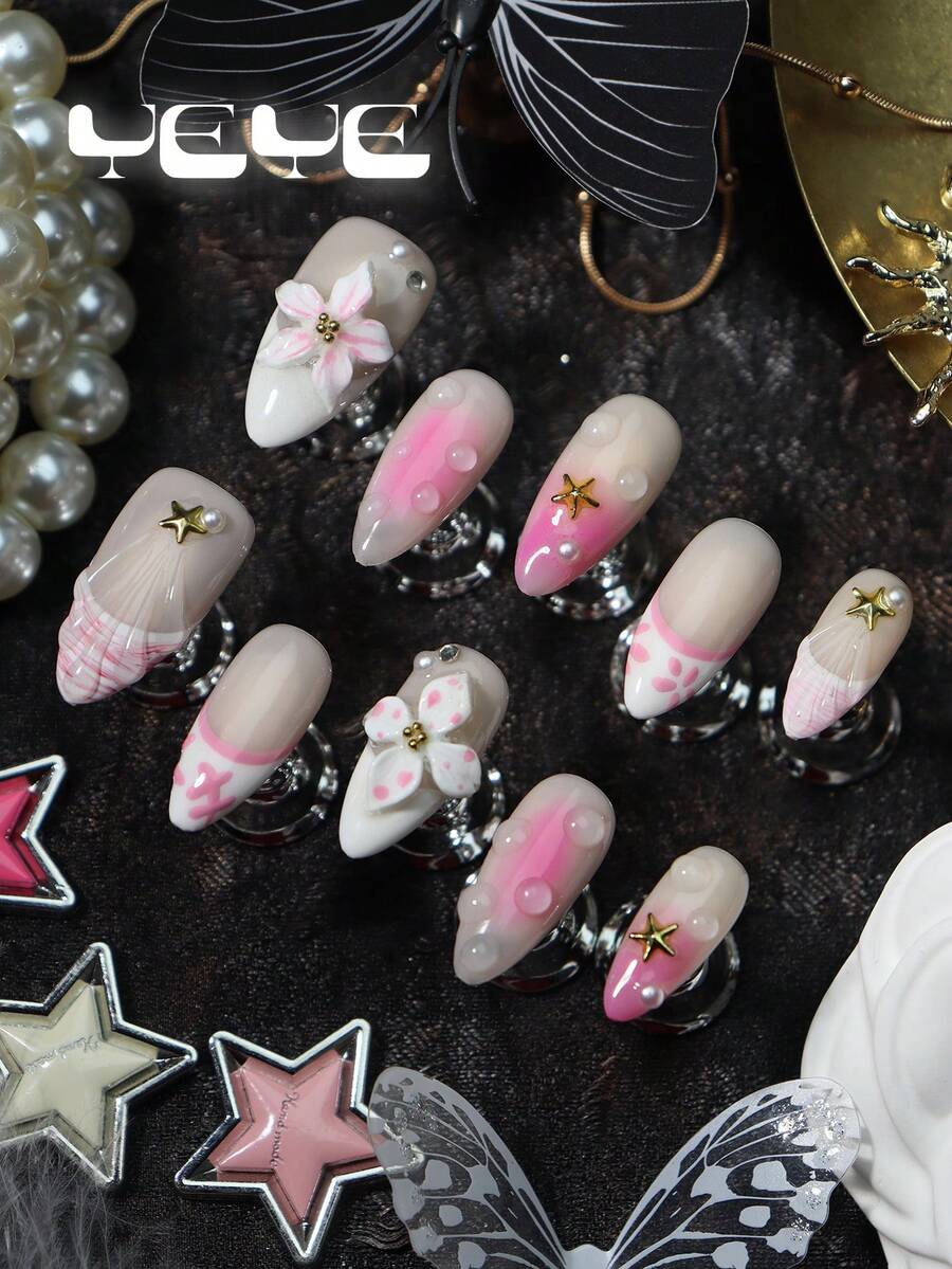 10 Peças Unhas Postiças Amendoa, Base Nude, Ponta Francesa, Branco Rosa, Degradê, Flor 3D, Gota d'Água, Estrela Dourada, Pérola, Conjunto de Unhas Postiças Japonesas de Cobertura Total com Encantos, Suprimentos de Unhas para Mulheres e Meninas, para Festa, Uso Diário, Casamento, Suprimentos de Unhas Doces Feitas à Mão - Rosa Bebê - Visão 1